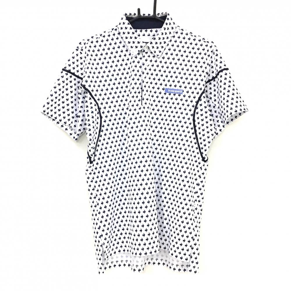 ルコックゴルフ 半袖ポロシャツ 白×ネイビー ロゴ総柄 ボタンダウン メンズ L ゴルフウェア le coq sportif