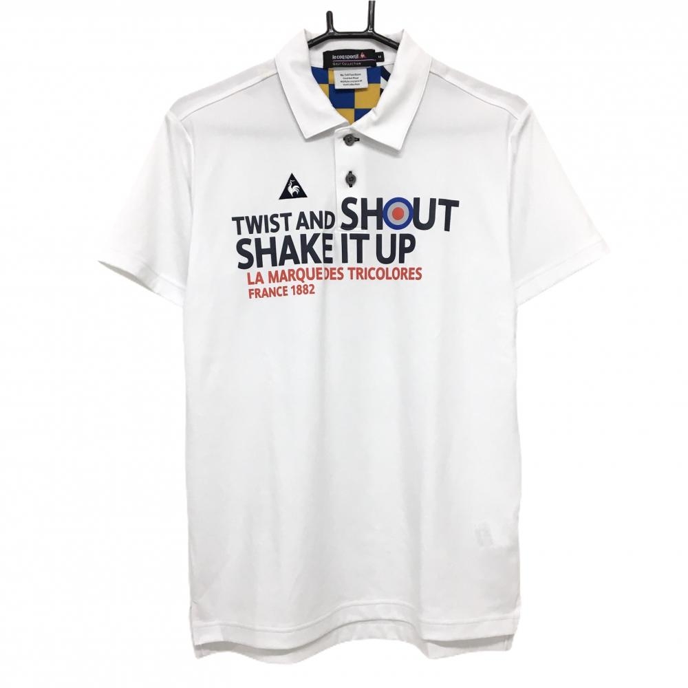 【超美品】ルコックゴルフ 半袖ポロシャツ 白×ネイビー プリント メンズ M ゴルフウェア le coq sportif