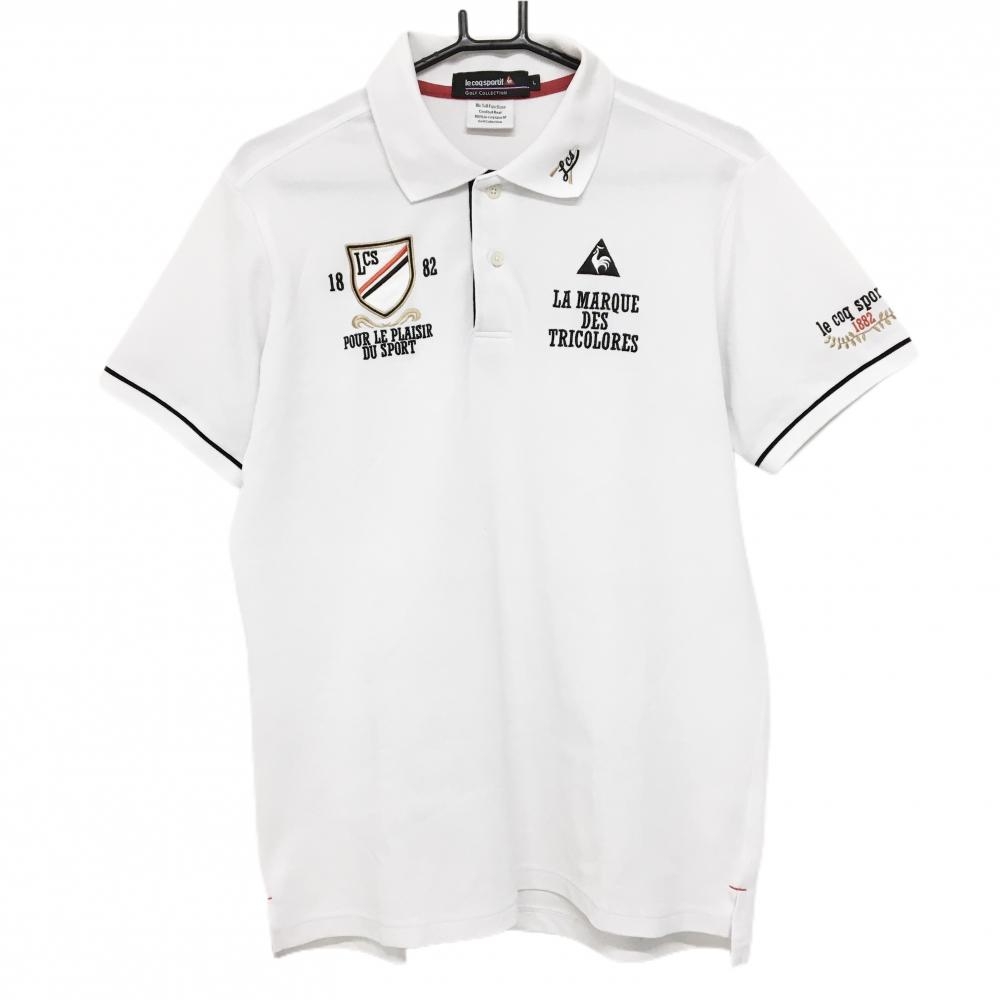 【美品】ルコックゴルフ 半袖ポロシャツ 白×黒 袖口ライン 刺しゅう多数  メンズ L ゴルフウェア le coq sportif