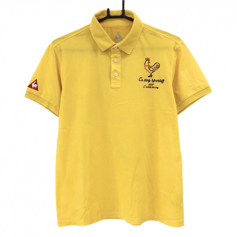 ルコックゴルフ 半袖ポロシャツ オレンジイエロー×ネイビー 襟裏斜めストライプ 胸元ロゴ  メンズ M ゴルフウェア le coq sportif