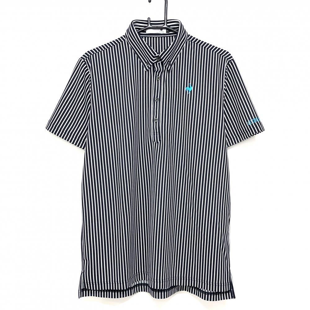 【超美品】ルコックゴルフ 半袖ポロシャツ 黒×白 ストライプ ボタンダウン メンズ LL ゴルフウェア 2024年モデル le coq sportif