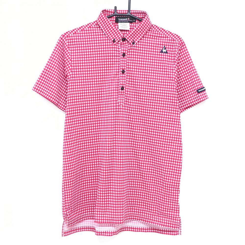 【美品】ルコックゴルフ 半袖ポロシャツ 白×レッド ギンガムチェック ロゴ刺しゅう ボタンダウン  メンズ LL ゴルフウェア le coq sportif
