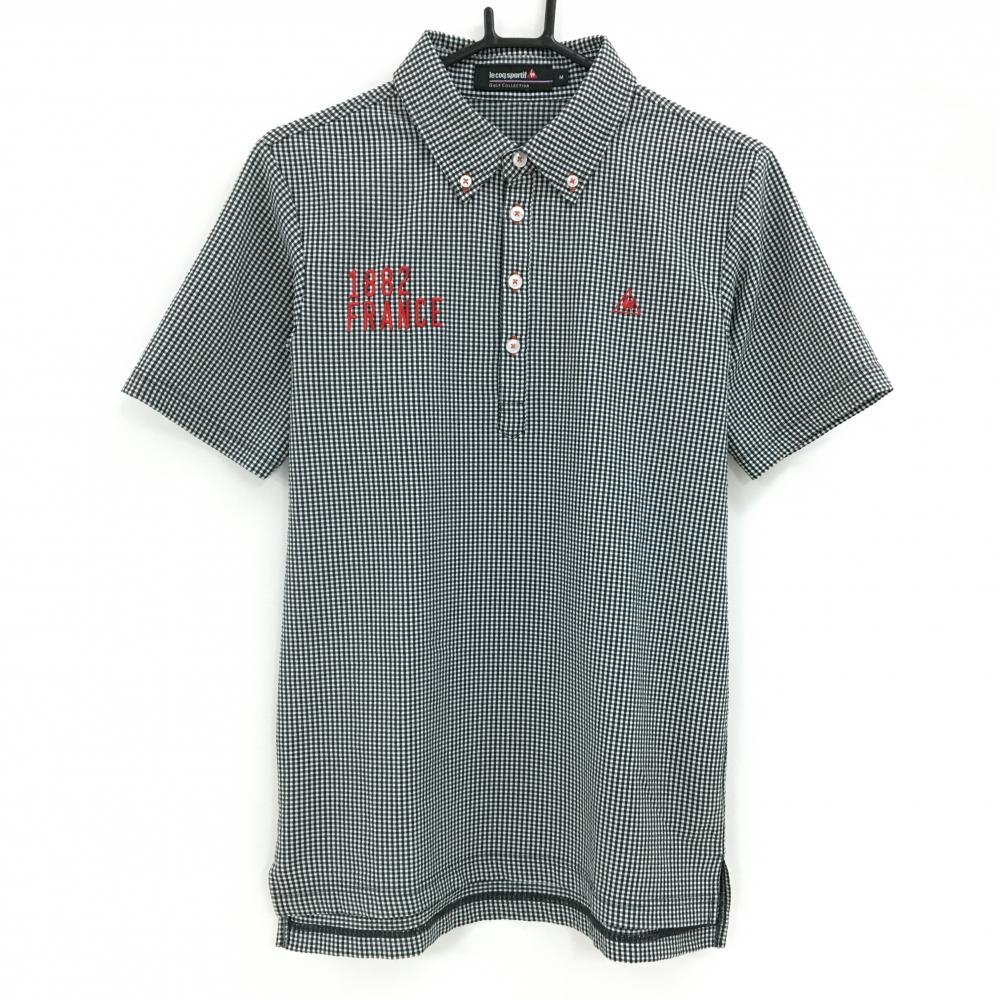 【超美品】ルコックゴルフ 半袖ポロシャツ 黒×白 チェック ボタンダウン サッカー生地 メンズ M ゴルフウェア le coq sportif