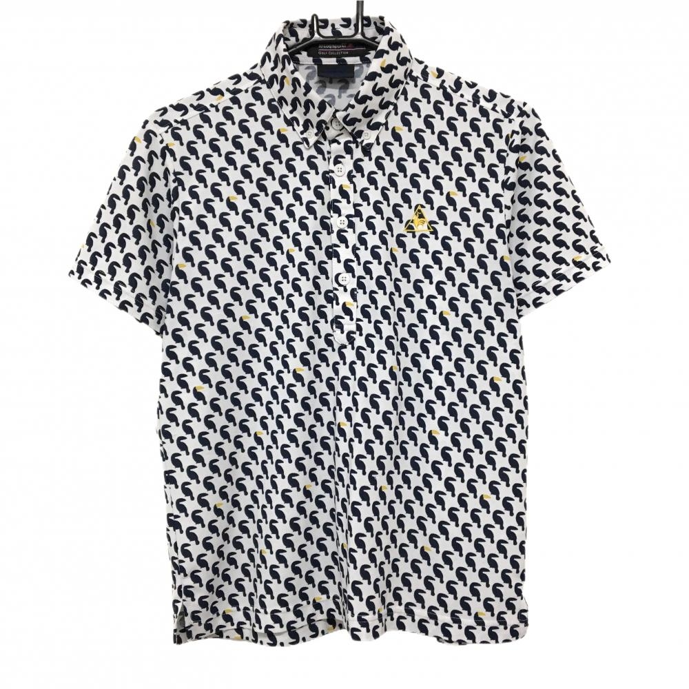 ルコックゴルフ 半袖ポロシャツ 白×ネイビー 総柄 ボタンダウン メンズ M ゴルフウェア le coq sportif