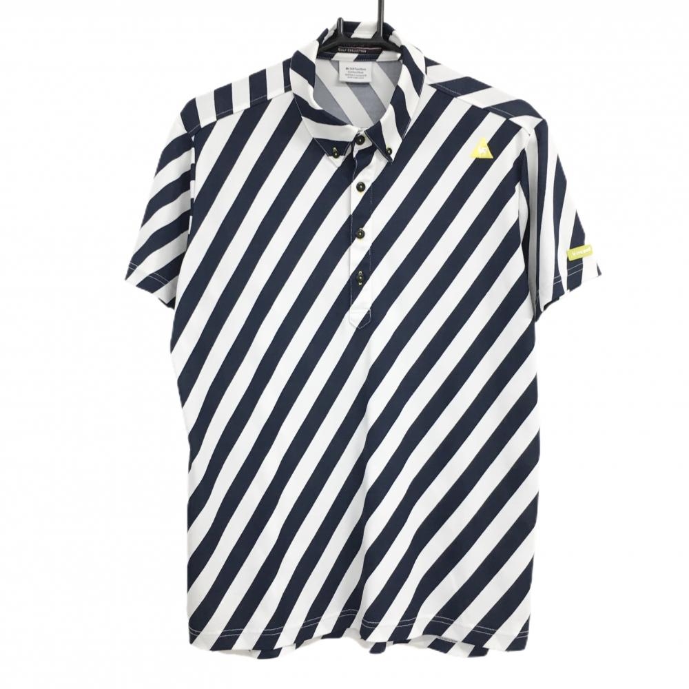ルコックゴルフ 半袖ポロシャツ 白×ネイビー 斜めストライプ ボタンダウン メンズ L ゴルフウェア le coq sportif