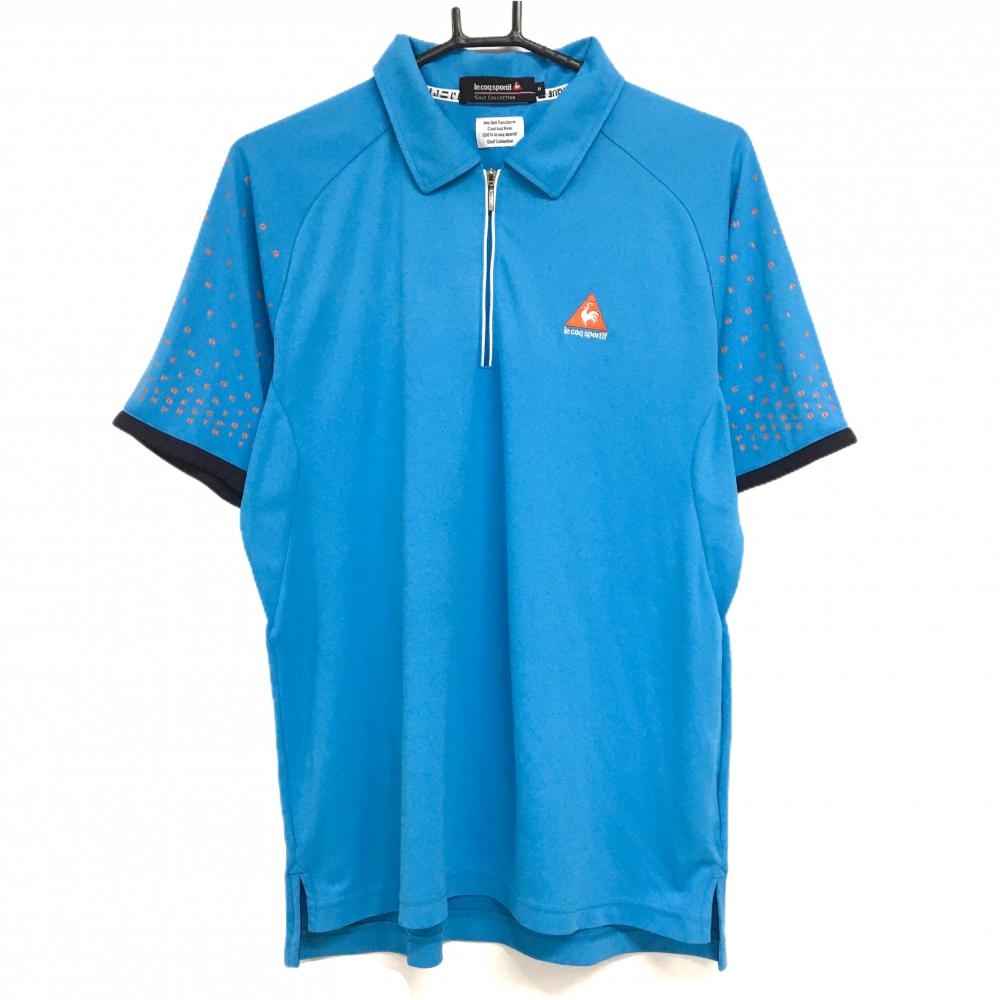 ルコックゴルフ 半袖ポロシャツ ライトブルー×オレンジ 袖ロゴ総柄 ハーフジップ メンズ M ゴルフウェア le coq sportif