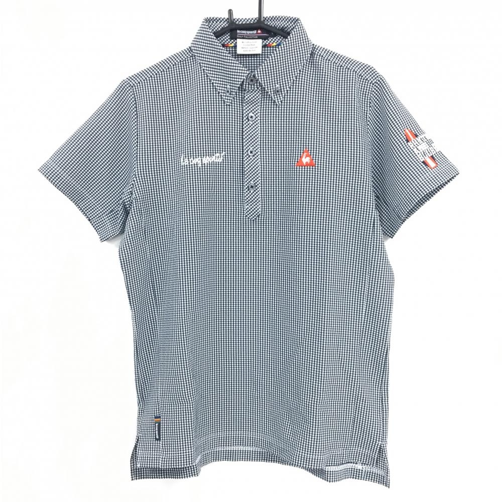 【美品】ルコックゴルフ 半袖ポロシャツ ダークネイビー×白 チェック サッカー生地 ボタンダウン  メンズ L ゴルフウェア le coq sportif