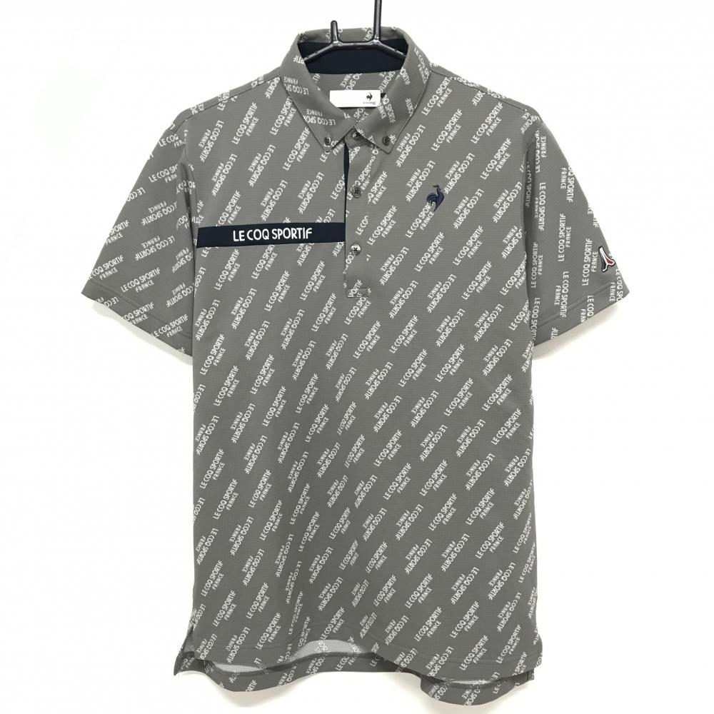 ルコックゴルフ 半袖ポロシャツ グレー×白 英字ロゴ総柄 ボタンダウン メンズ LL ゴルフウェア le coq sportif