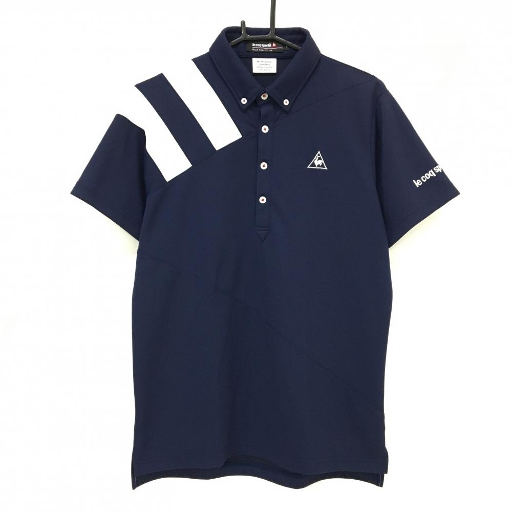 【美品】ルコックゴルフ 半袖ポロシャツ ネイビー×白 ボタンダウン 胸ロゴ メンズ L ゴルフウェア le coq sportif