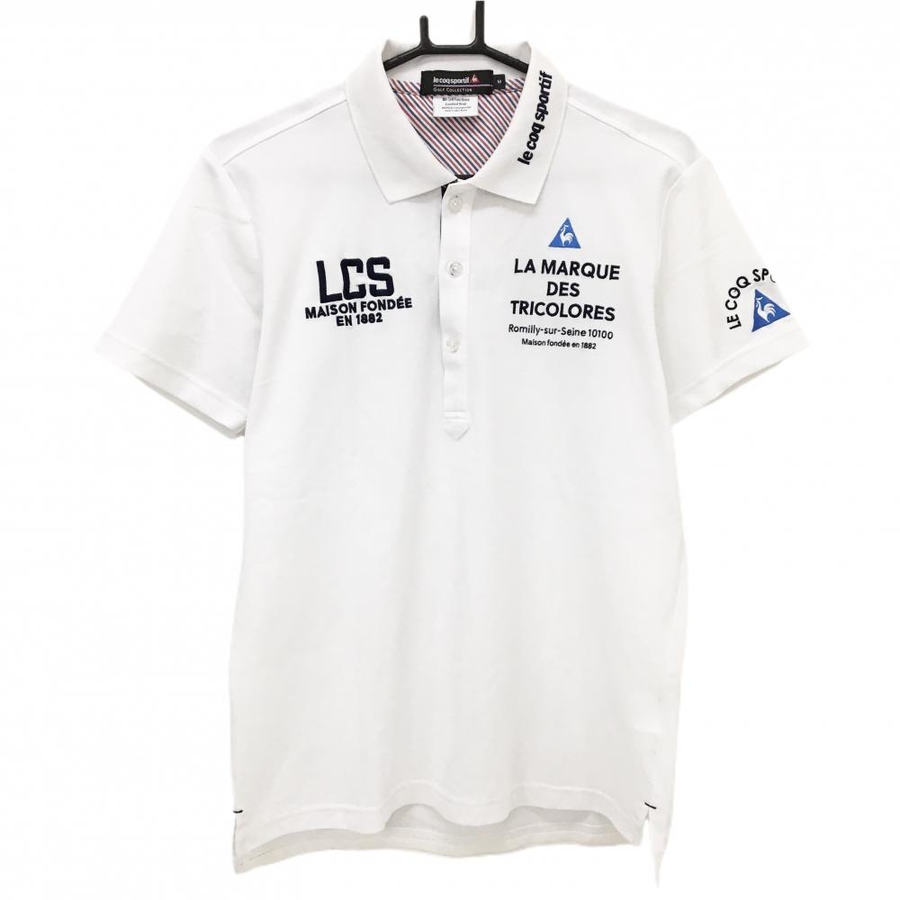 【美品】ルコックゴルフ 半袖ポロシャツ 白×ネイビー ロゴ刺しゅう  メンズ M ゴルフウェア le coq sportif