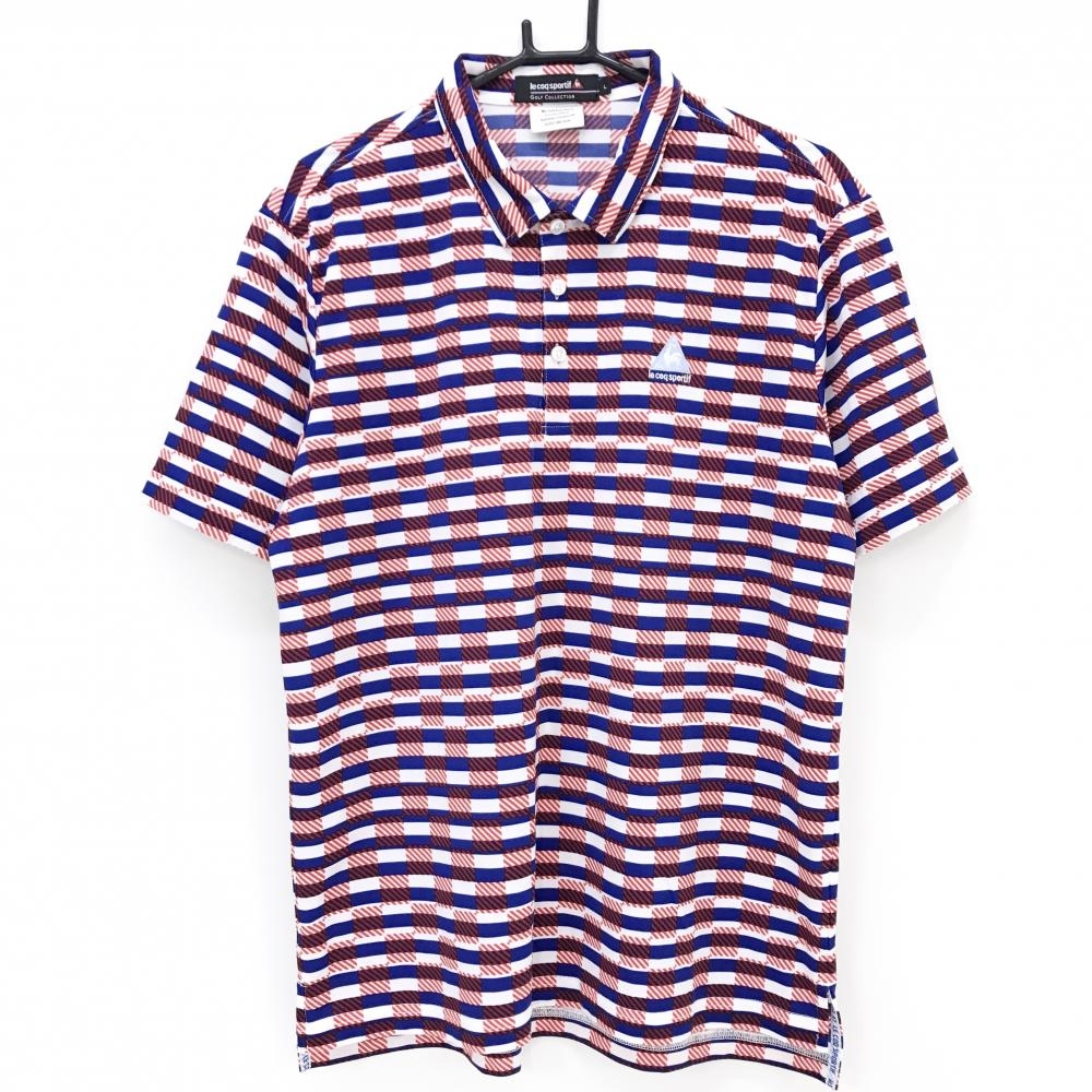 【超美品】ルコックゴルフ 半袖ポロシャツ 白×ブルー×レッド チェック ボーダー  メンズ L ゴルフウェア le coq sportif