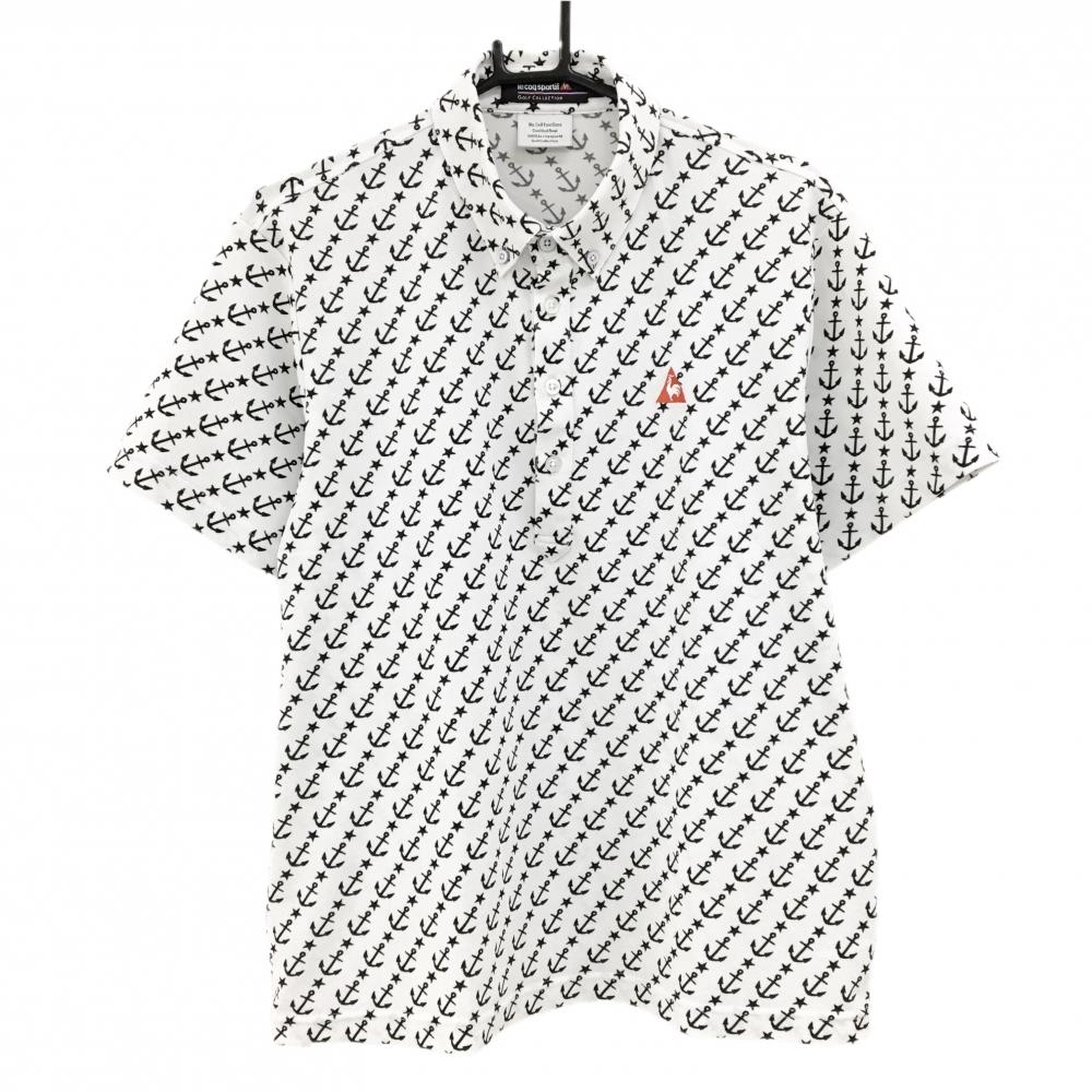 【美品】ルコックゴルフ 半袖ポロシャツ 白×ネイビー イカリ総柄 メンズ LL ゴルフウェア le coq sportif