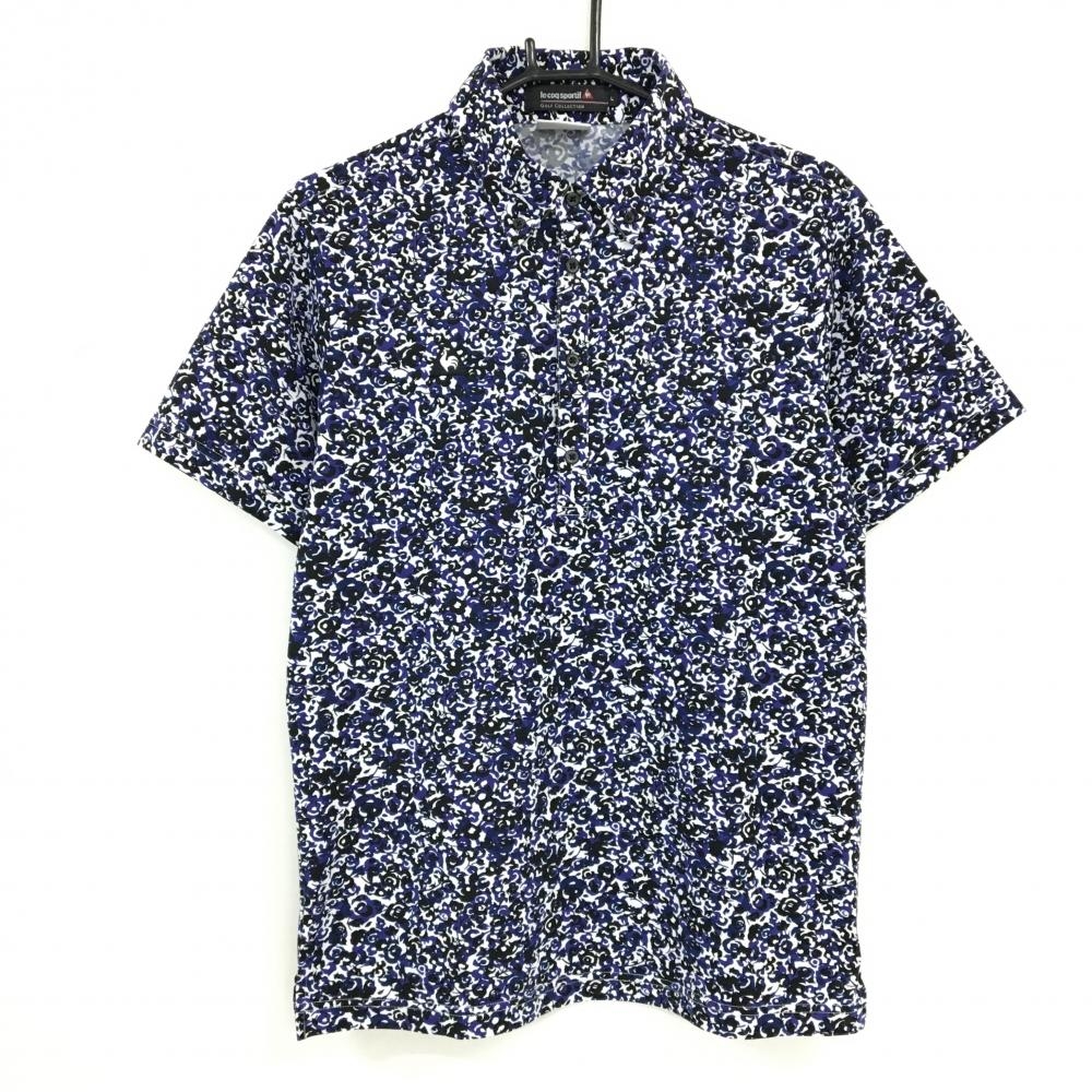 【超美品】ルコックゴルフ 半袖ポロシャツ 白×黒×パープル 総柄 ボタンダウン  メンズ L ゴルフウェア le coq sportif