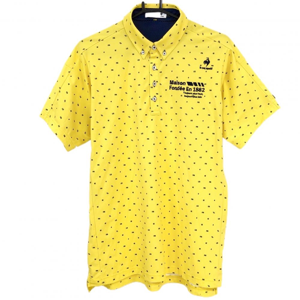 【超美品】ルコックゴルフ 半袖ポロシャツ イエロー×ネイビー 総柄 ボタンダウン  メンズ LL ゴルフウェア le coq sportif