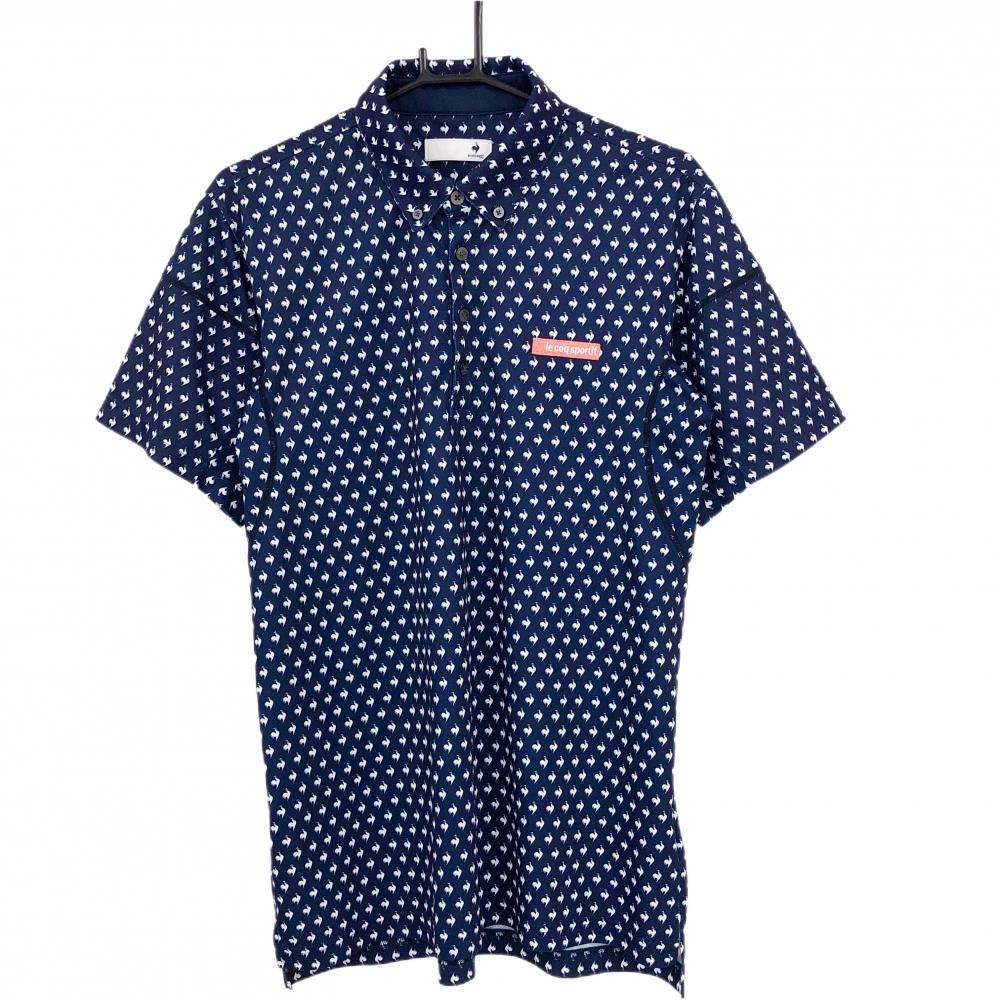 ルコックゴルフ 半袖ポロシャツ ネイビー×白 ロゴ総柄 ボタンダウン  メンズ LL ゴルフウェア le coq sportif