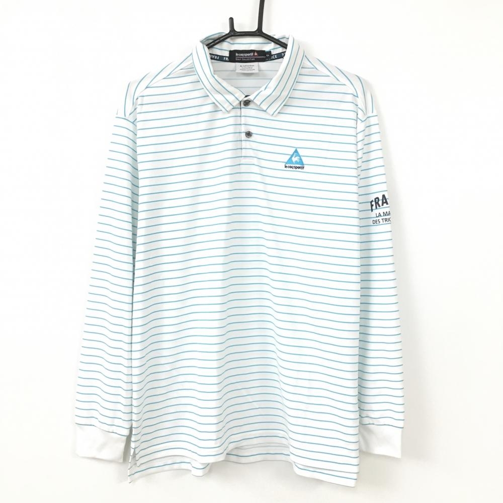 【超美品】ルコック 長袖ポロシャツ 白×ライトブルー ボーダー ロゴ刺しゅう メンズ LL ゴルフウェア le coq sportif