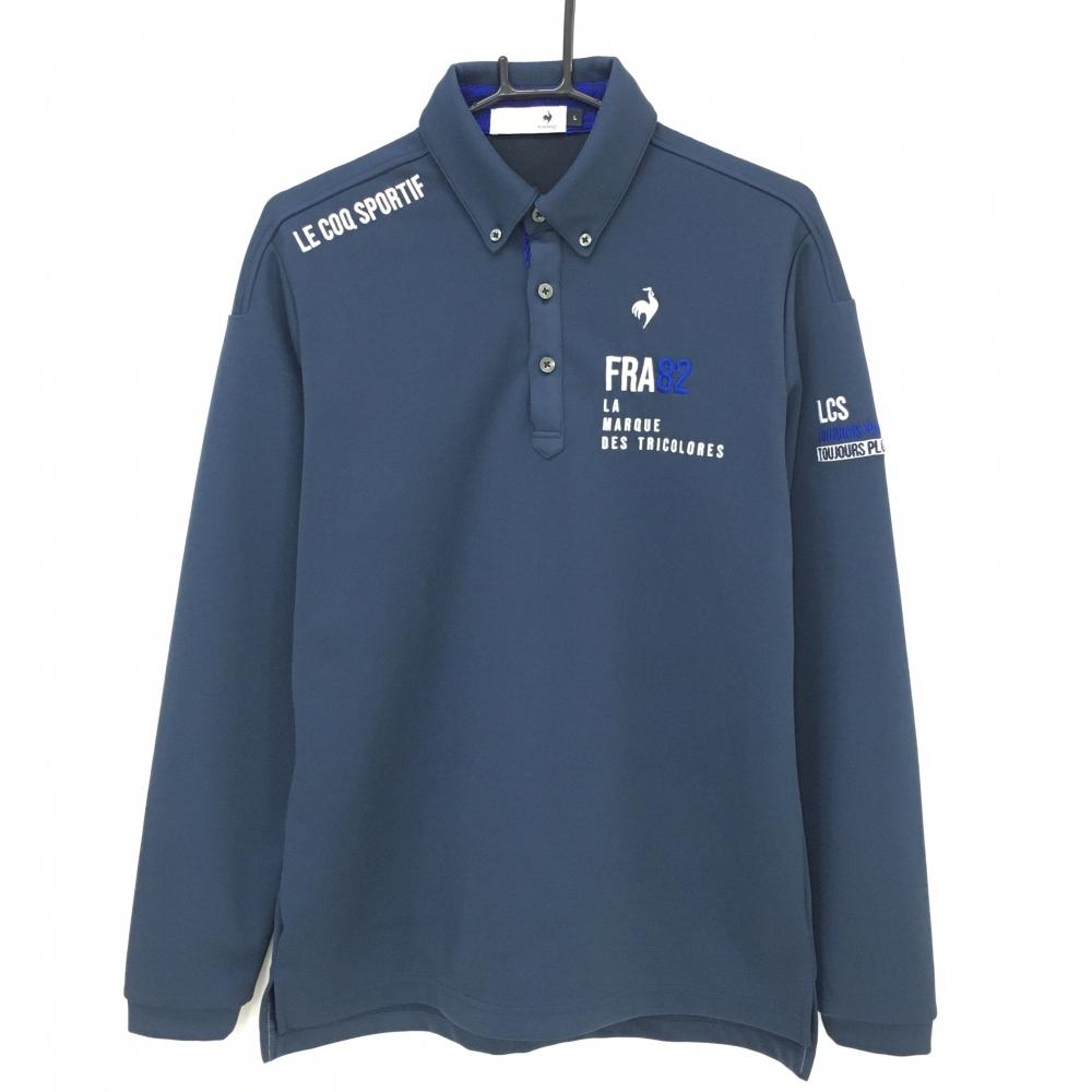 【超美品】ルコックゴルフ 長袖ポロシャツ ネイビー×白 ボタンダウン ロゴ刺しゅう メンズ L ゴルフウェア le coq sportif