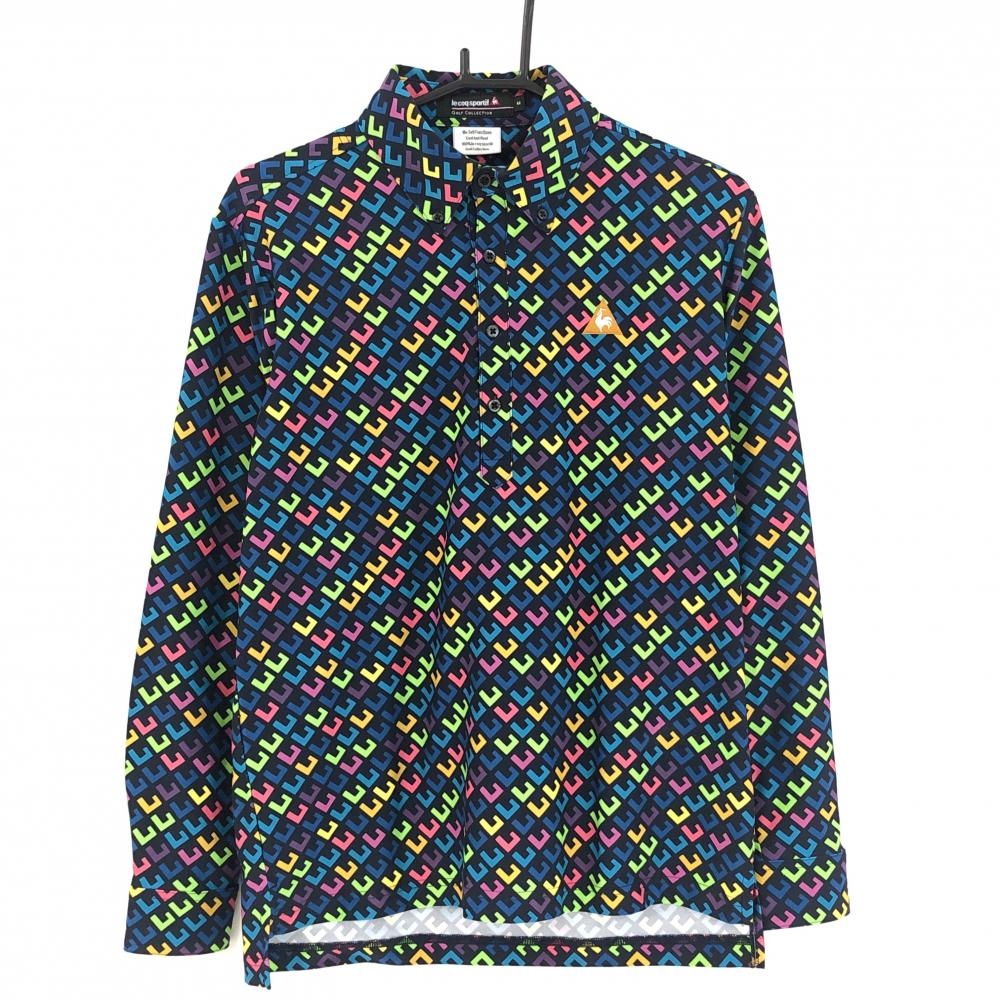 【美品】ルコックゴルフ 長袖ポロシャツ ネイビー×マルチカラー 総柄 ボタンダウン メンズ M ゴルフウェア le coq sportif