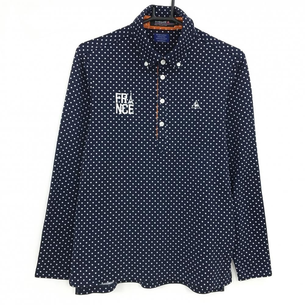 【美品】ルコックゴルフ 長袖ポロシャツ ネイビー×白 ドット柄 ロゴ刺しゅう メンズ M ゴルフウェア le coq sportif