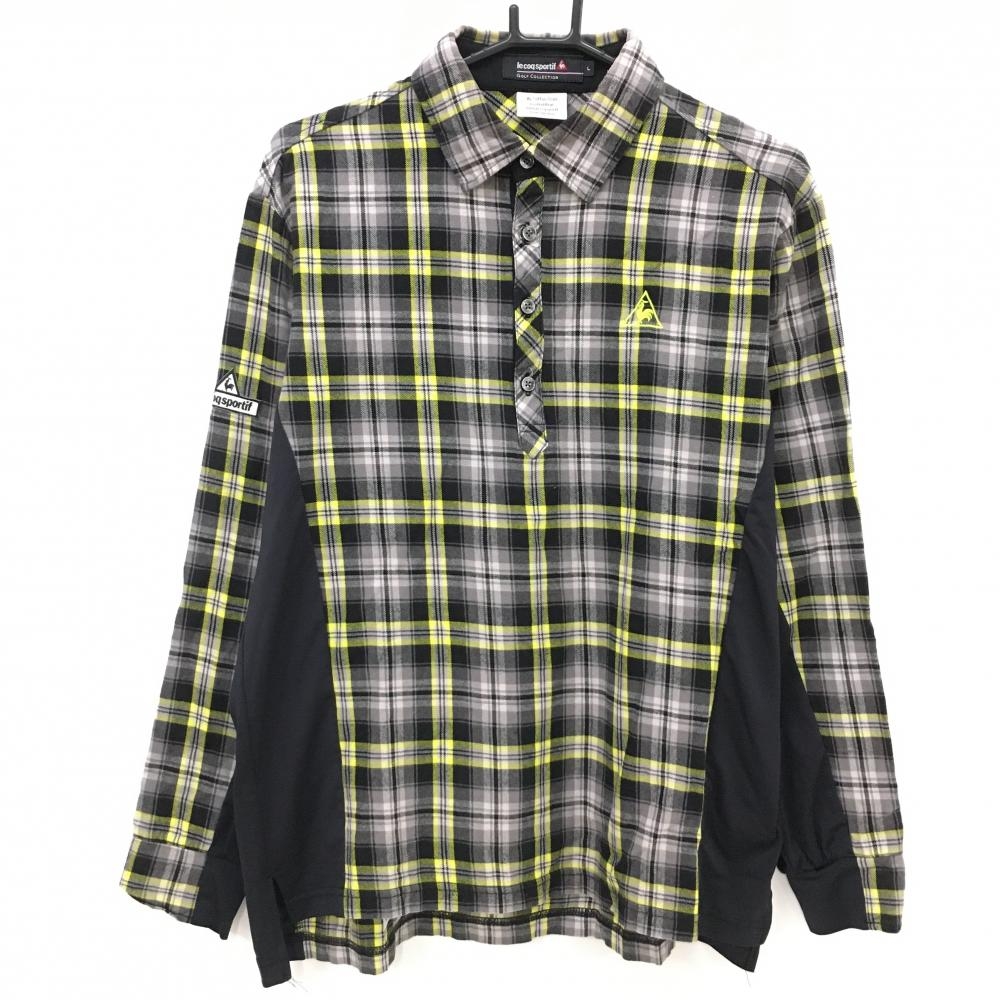 ルコックゴルフ 長袖ポロシャツ 黒×イエロー チェック柄 袖下・サイド切替 ロゴ刺しゅう  メンズ L ゴルフウェア le coq sportif