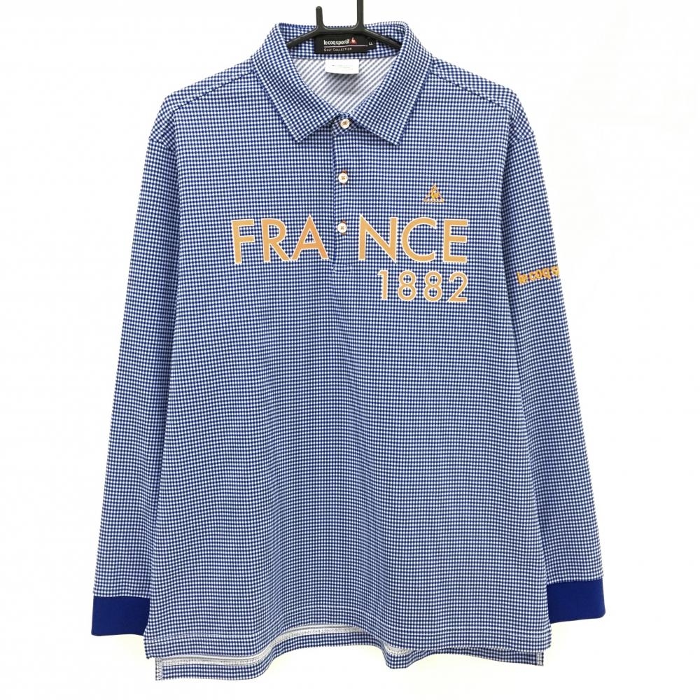 【超美品】ルコックゴルフ 長袖ポロシャツ 白×ブルー×オレンジ ギンガムチェック フロントロゴ メンズ LL ゴルフウェア le coq sportif