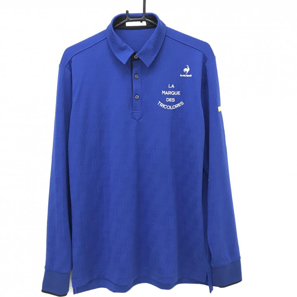 【超美品】ルコックゴルフ 長袖ポロシャツ ブルー 英字地模様 袖下メッシュ ロゴ刺しゅう  メンズ LL ゴルフウェア le coq sportif
