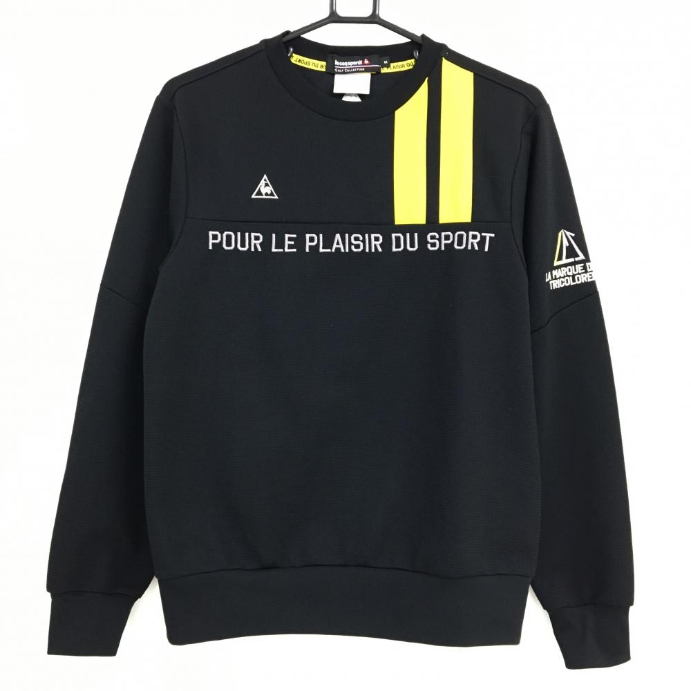 【美品】ルコックゴルフ 長袖Ｔシャツ 黒×イエロー ワッフル調織生地 ロゴ刺しゅう メンズ M ゴルフウェア le coq sportif
