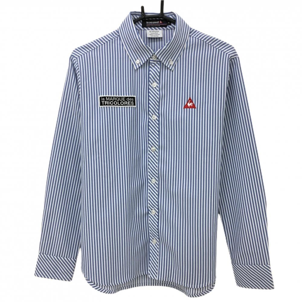 【美品】ルコックゴルフ 長袖シャツ 白×ブルー ストライプ ロゴ刺しゅう メンズ M ゴルフウェア le coq sportif