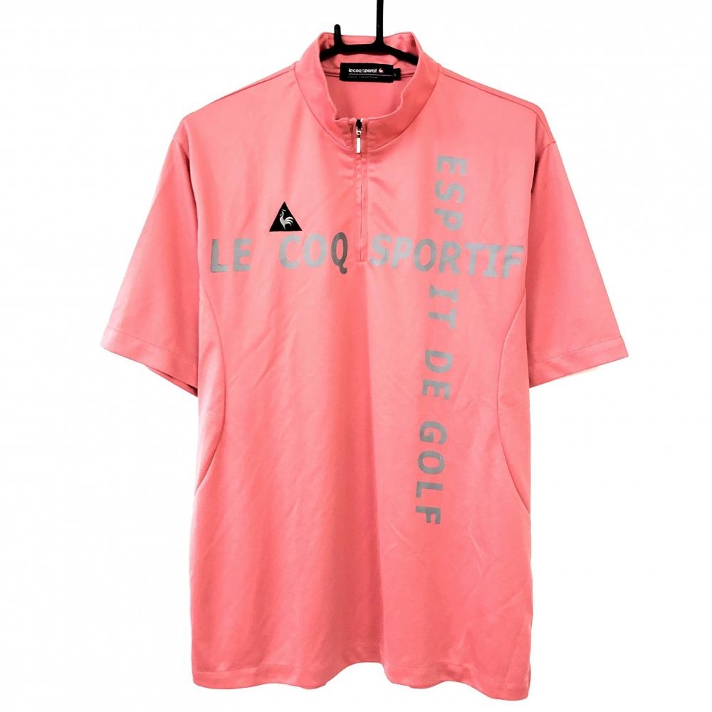 【美品】le coq sportif ルコック 半袖ハイネックシャツ ピンク×グレー ロゴプリント ハーフジップ メンズ L ゴルフウェア