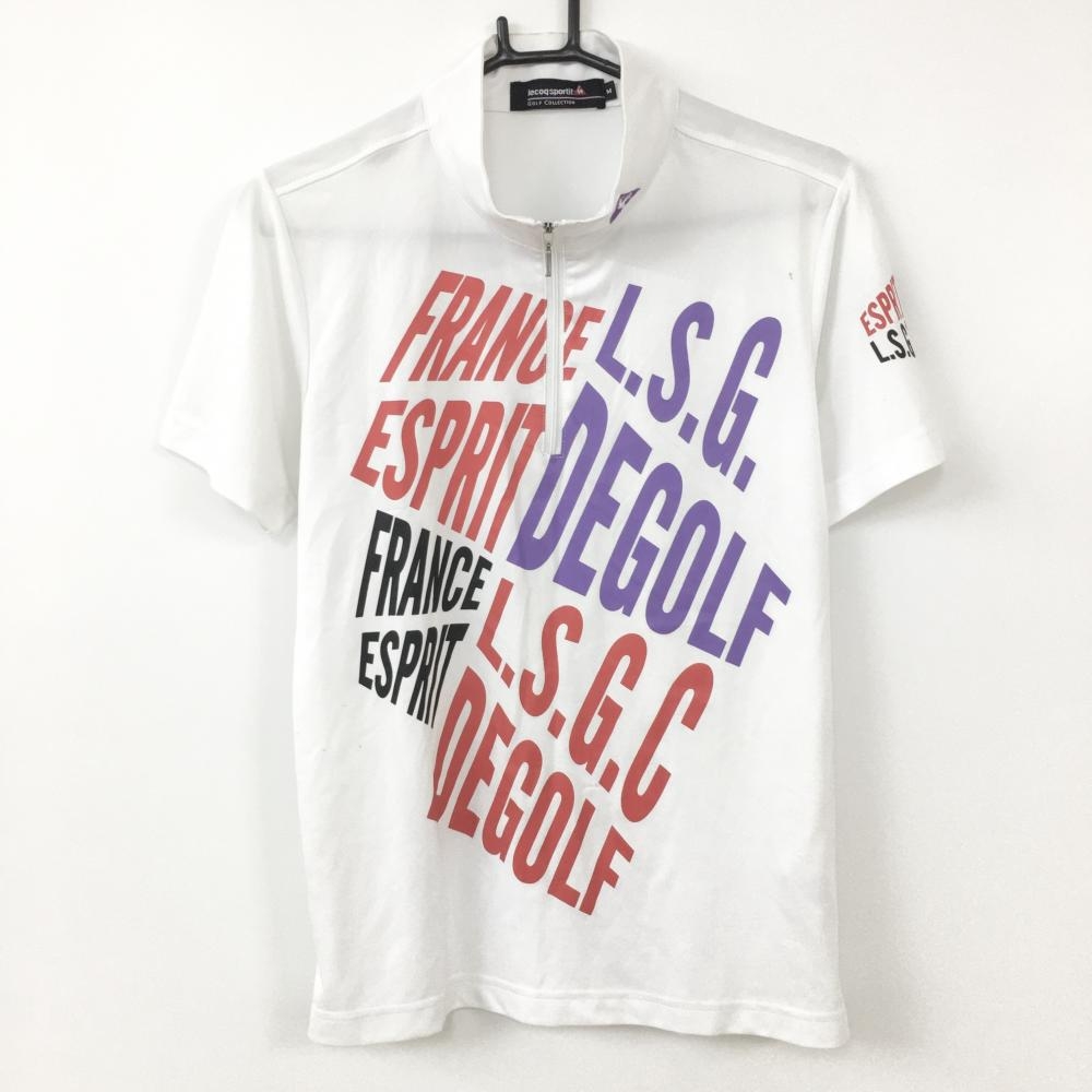 le coq sportif ルコック 半袖ハイネックシャツ 白×パープル ハーフジップ フロント英字 メンズ M ゴルフウェア