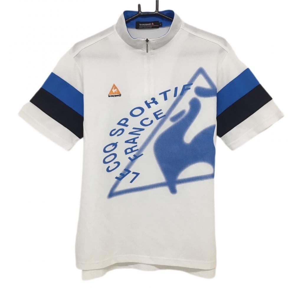 ルコック 半袖ハイネックシャツ 白×ブルー ハーフジップ  メンズ L ゴルフウェア le coq sportif