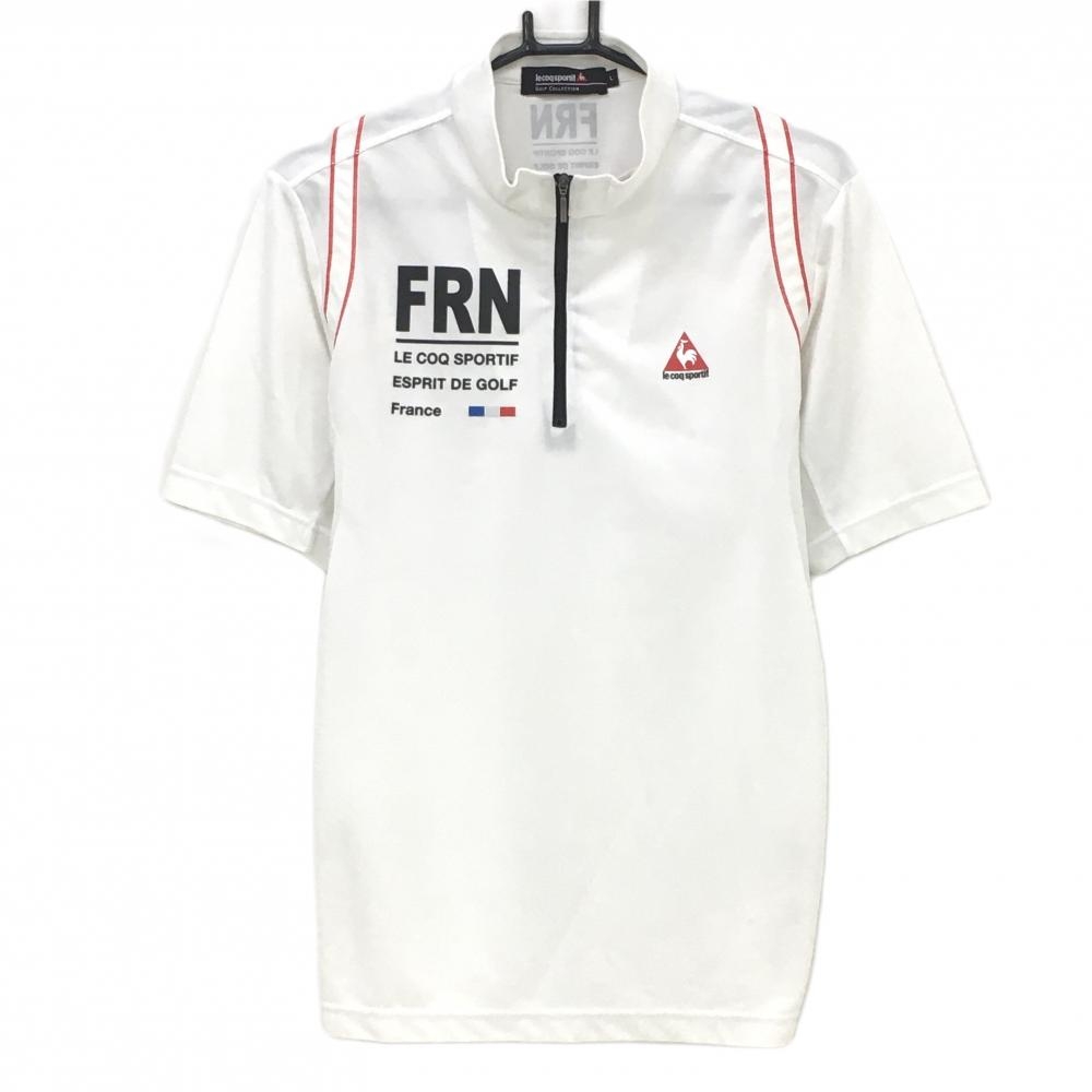 ルコックゴルフ 半袖ハイネックシャツ 白×黒 肩レッドライン ハーフジップ メンズ L ゴルフウェア le coq sportif