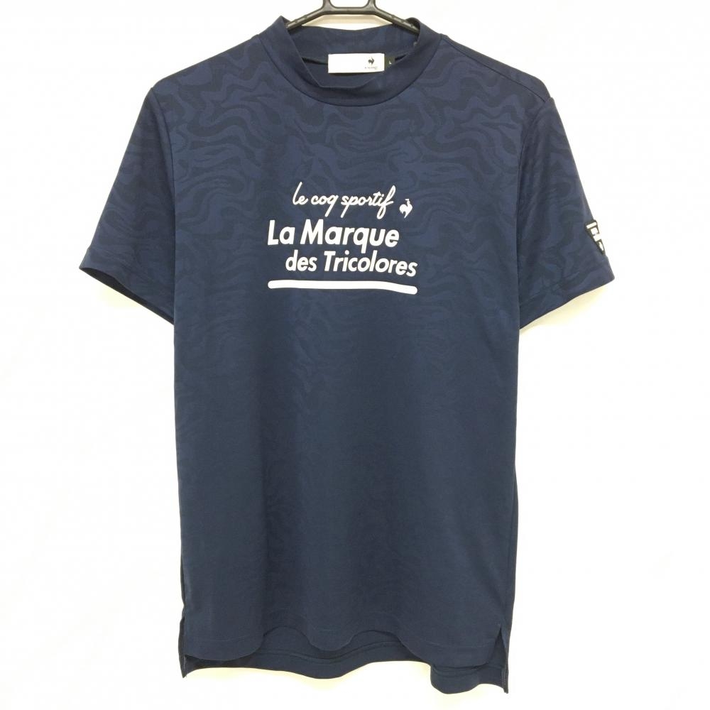 【超美品】ルコック 半袖ハイネックシャツ ネイビー×白 総柄地模様 ロゴプリント  メンズ L ゴルフウェア 2023年モデル le coq sportif