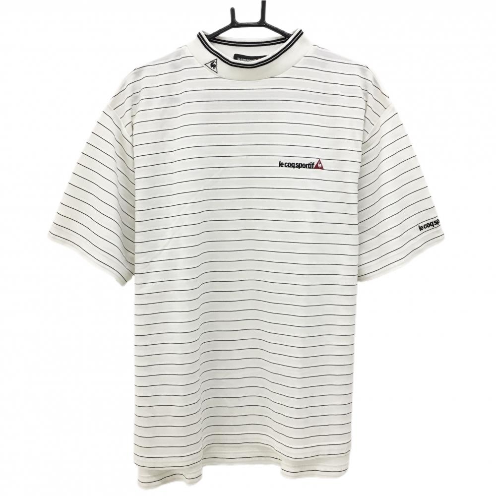 【超美品】ルコックゴルフ 半袖ハイネックシャツ 白×黒 ボーダー ストレッチ メンズ L ゴルフウェア le coq sportif