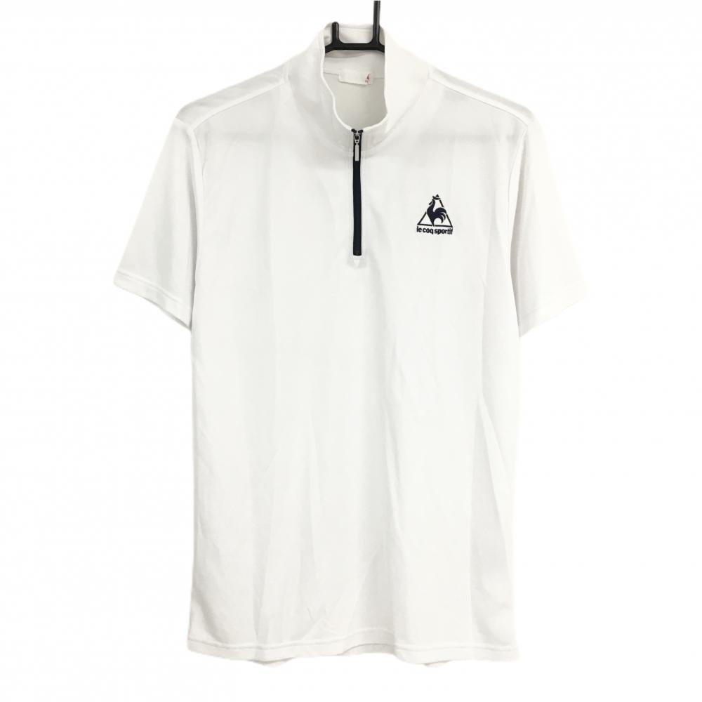 ルコック 半袖ハイネックシャツ 白×黒 ロゴ刺しゅう ハーフジップ ネック汚れ メンズ  ゴルフウェア le coq sportif