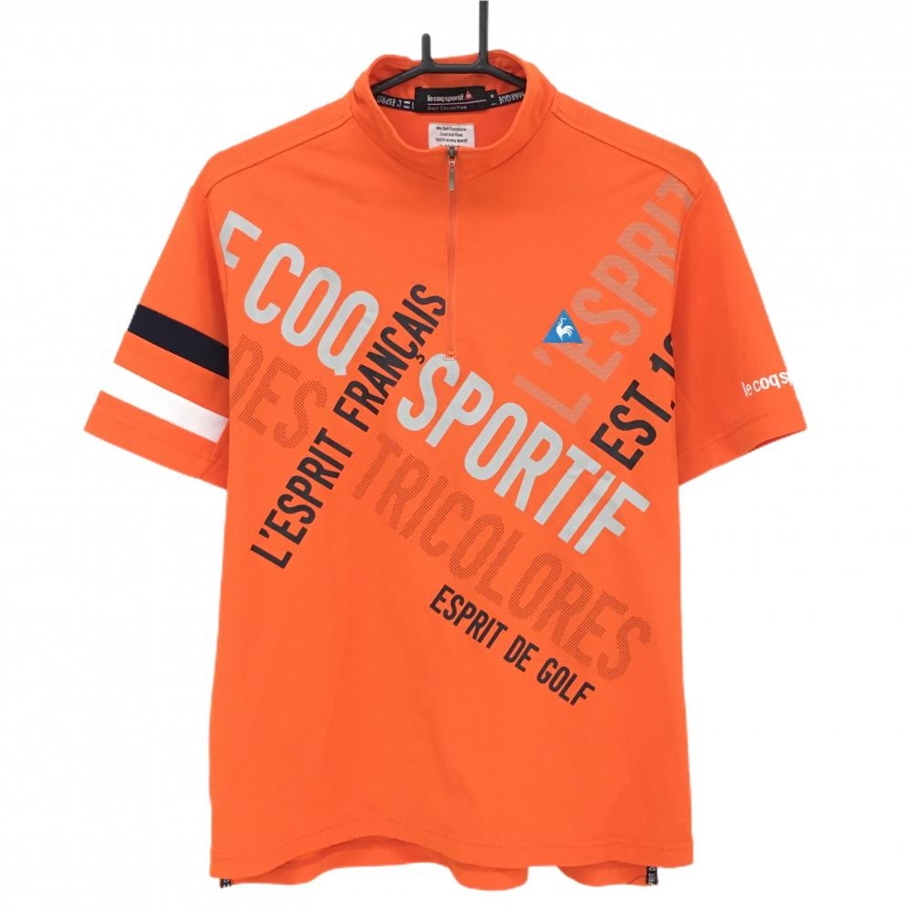 【美品】ルコックゴルフ 半袖ハイネックシャツ オレンジ×ライトグレー ハーフジップ 英字プリント メンズ M ゴルフウェア le coq sportif