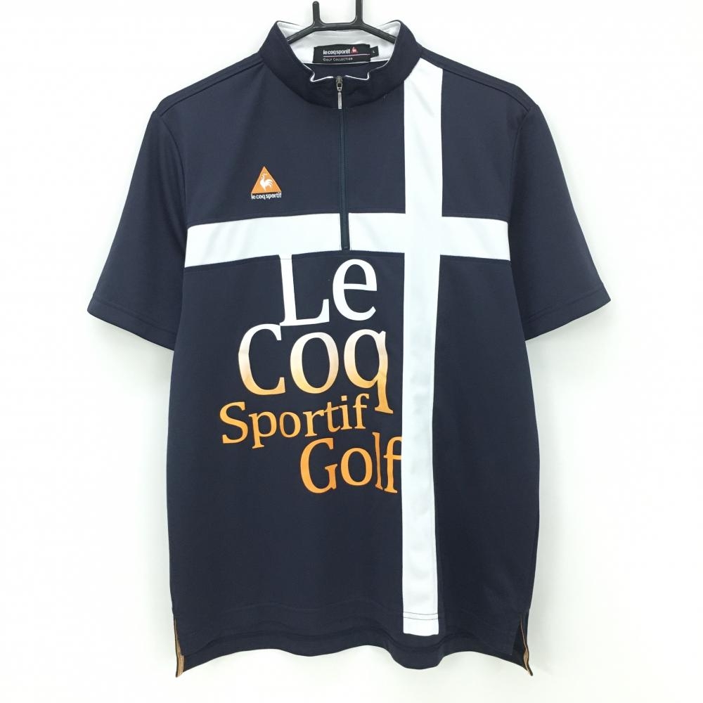 ルコックゴルフ 半袖ハイネックシャツ ンネイビー×白 フロントロゴ ハーフジップ メンズ L ゴルフウェア le coq sportif
