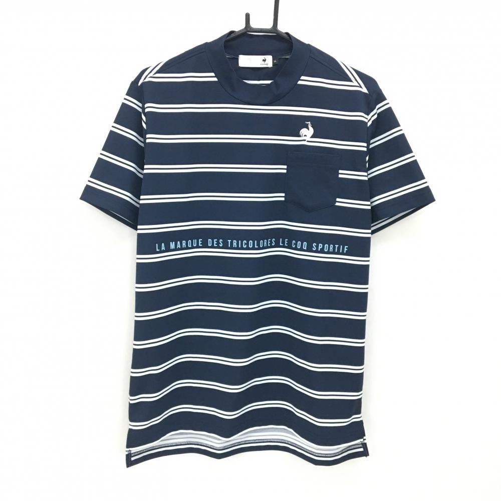 ルコックゴルフ 半袖ハイネックシャツ ネイビー×白 ボーダー 胸ポケット メンズ LL ゴルフウェア le coq sportif