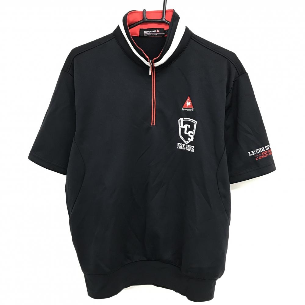 【超美品】ルコックゴルフ 半袖ハイネックシャツ ダークネイビー×白 ハーフジップ 胸元ロゴ メンズ L ゴルフウェア le coq sportif