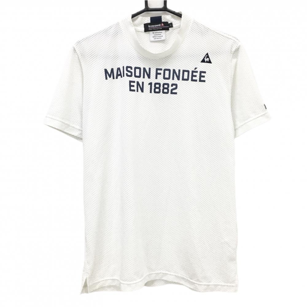 ルコックゴルフ 半袖ハイネックシャツ 白×ネイビー メッシュ生地 フロントプリント 袖ワッペン  メンズ L ゴルフウェア le coq sportif