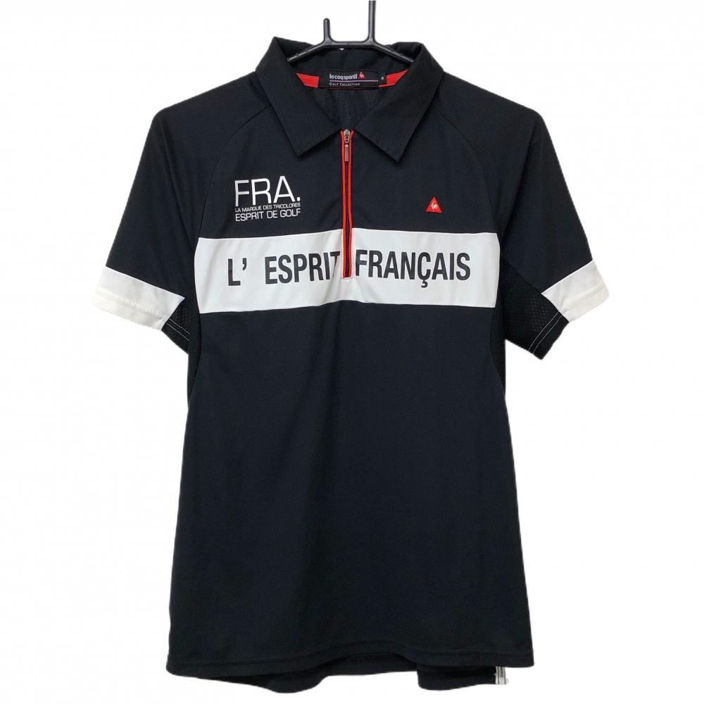 ルコックゴルフ 半袖ハイネックシャツ 黒×白 ハーフジップ 胸元切替ライン メンズ M ゴルフウェア le coq sportif