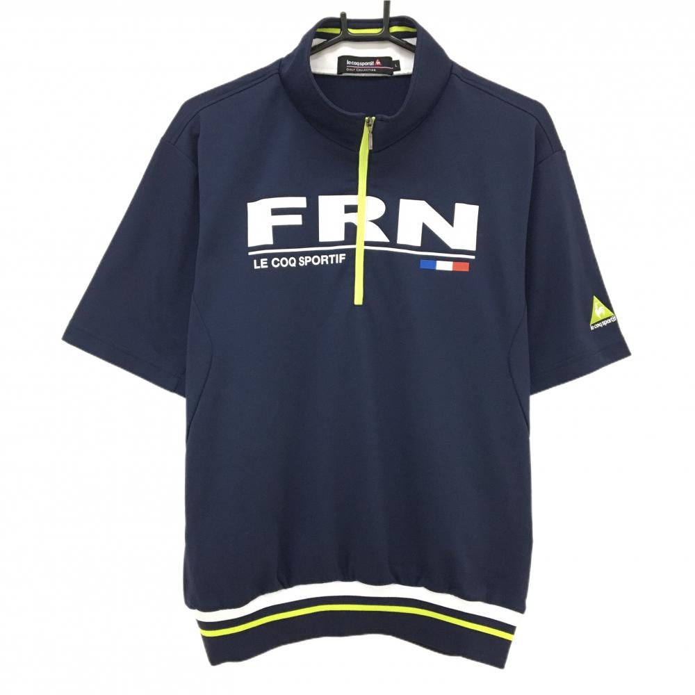 【美品】ルコックゴルフ 半袖ハイネックシャツ ネイビー×白 フロントプリント ハーフジップ  メンズ L ゴルフウェア le coq sportif