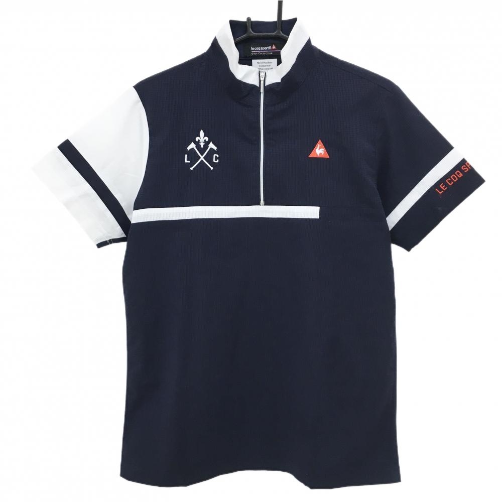 ルコックゴルフ 半袖ハイネックシャツ ネイビー×白 メッシュ調 ハーフジップ  メンズ M ゴルフウェア le coq sportif