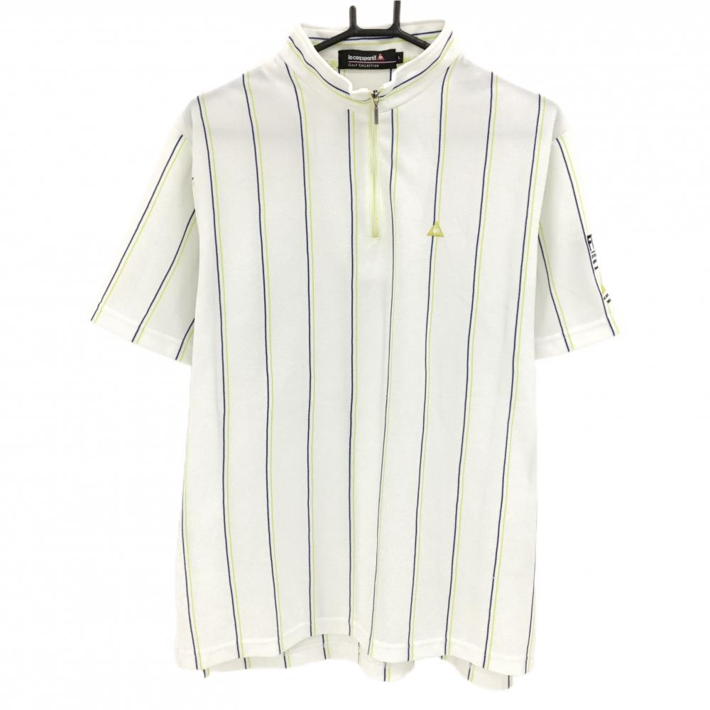 ルコックゴルフ 半袖ハイネックシャツ 白×イエロー×ブルー ストライプ ハーフジップ  メンズ L ゴルフウェア le coq sportif