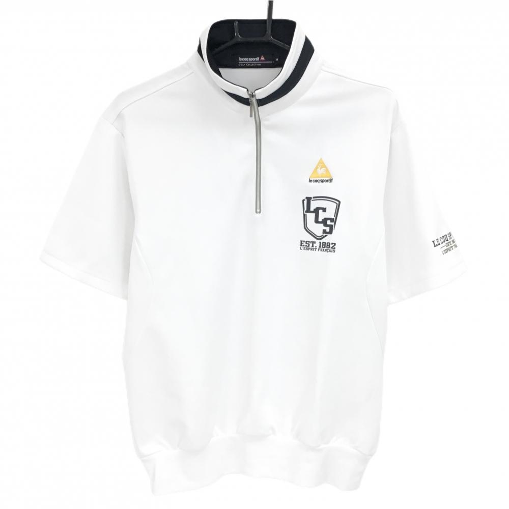 【超美品】ルコックゴルフ 半袖ハイネックシャツ 白×黒 胸元ロゴ ハーフジップ メンズ M ゴルフウェア le coq sportif