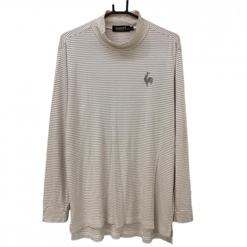 ルコックゴルフ 長袖ハイネックシャツ 白×グレーベージュ系 ボーダー 胸ロゴ刺しゅう  メンズ LL ゴルフウェア le coq sportif