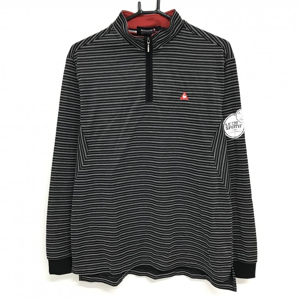 【美品】ルコックゴルフ 長袖ハイネックシャツ 黒×白 ボーダー ハーフジップ メンズ L ゴルフウェア le coq sportif