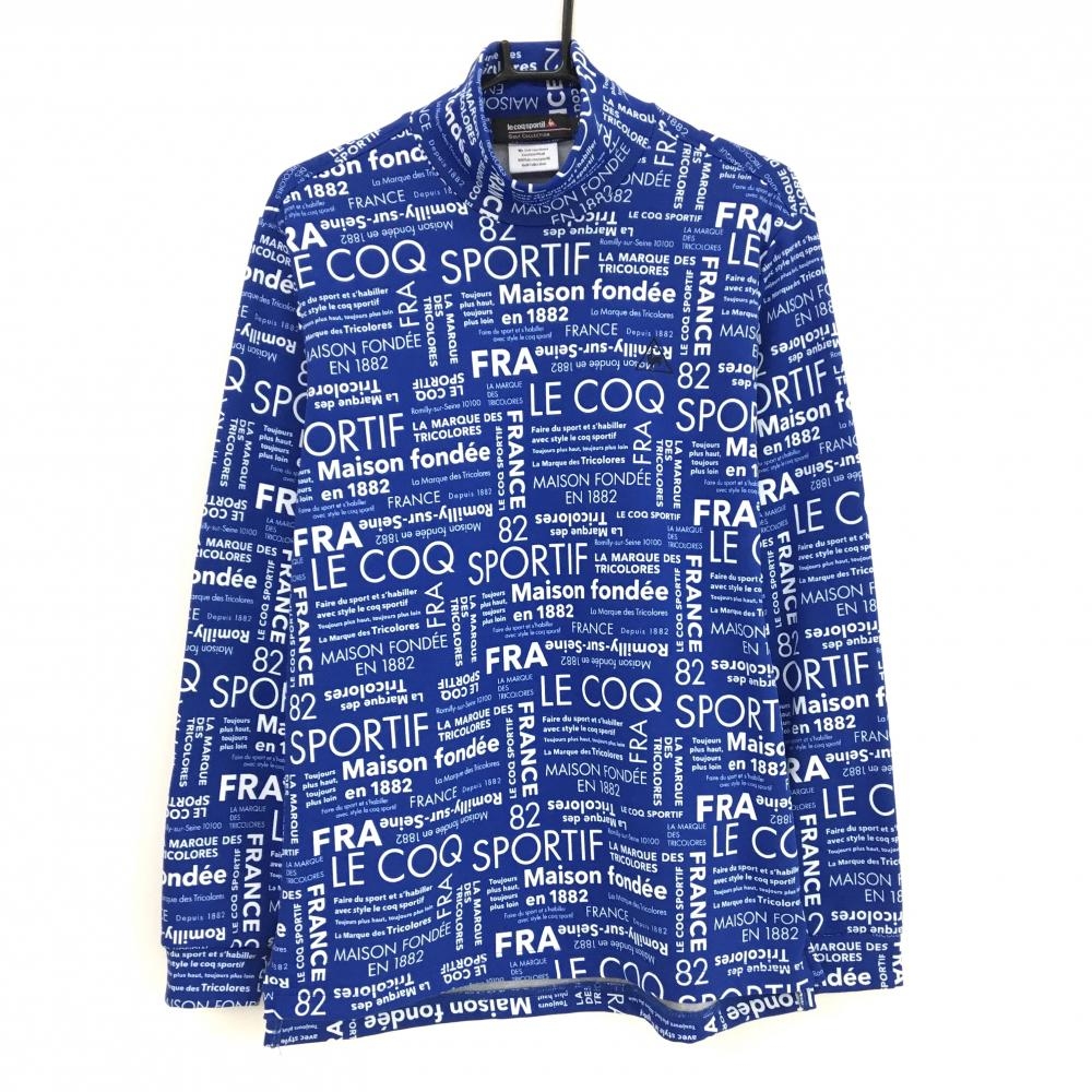 【美品】ルコックゴルフ 長袖ハイネックシャツ ブルー×白 英字総柄  メンズ L ゴルフウェア le coq sportif