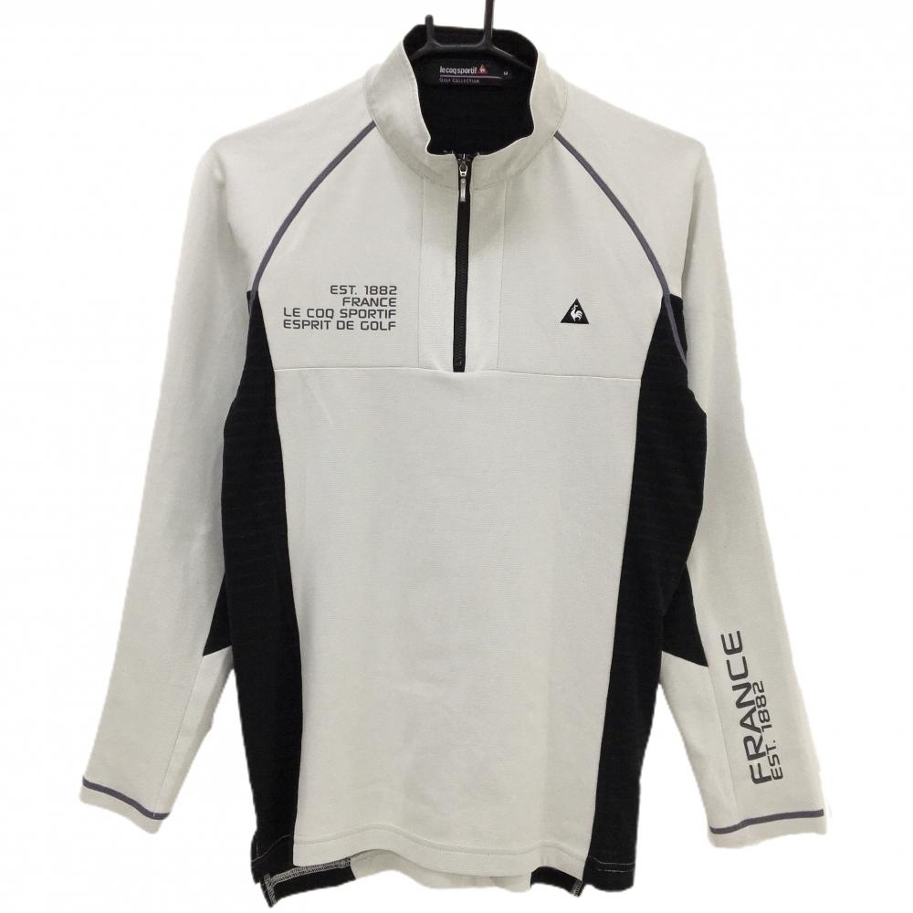 【美品】ルコックゴルフ 長袖ハイネックシャツ ライトグレー×黒 サイド切替 ハーフジップ  メンズ M ゴルフウェア le coq sportif