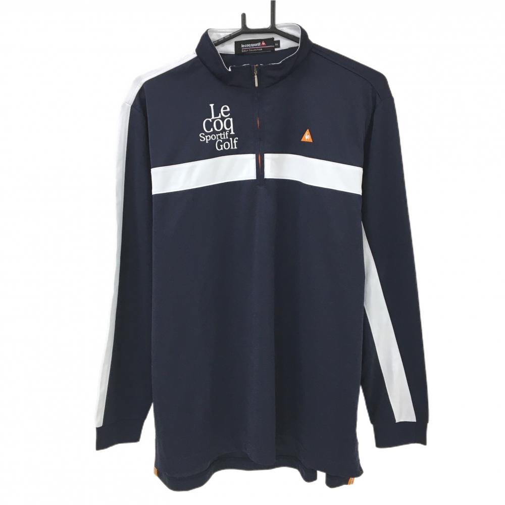 ルコックゴルフ 長袖ハイネックシャツ ネイビー×白 ロゴ刺しゅう ハーフジップ メンズ LL ゴルフウェア le coq sportif